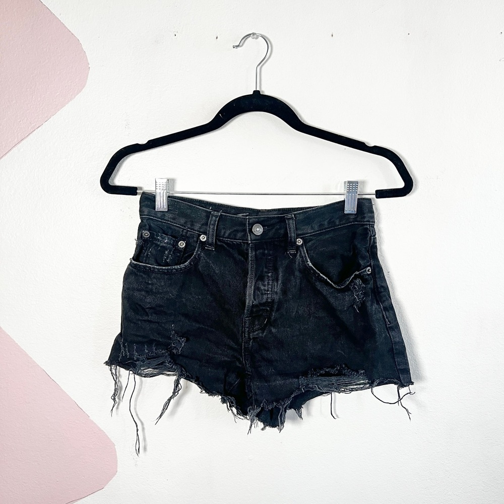 We the Free High Waist Denim Shorts Button Fly Distressed‎ Size 25 Black